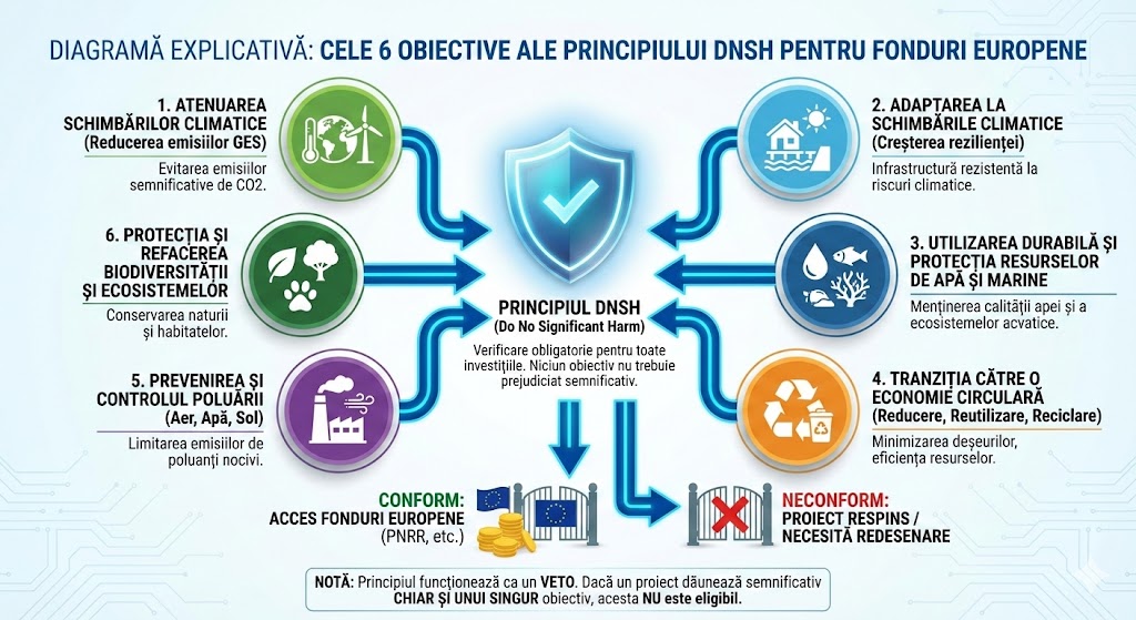 Diagramă explicativă cu cele 6 obiective ale principiului DNSH pentru fonduri europene.