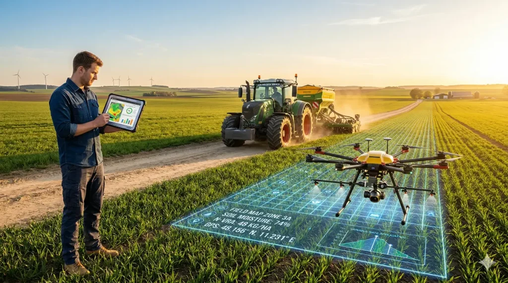 Dronă agricolă și tractor cu GPS scanând câmpul pentru proiectul de agricultura de precizie DR 12, Atelier 46.