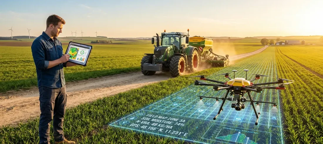 Dronă agricolă și tractor cu GPS scanând câmpul pentru proiectul de agricultura de precizie DR 12, Atelier 46.